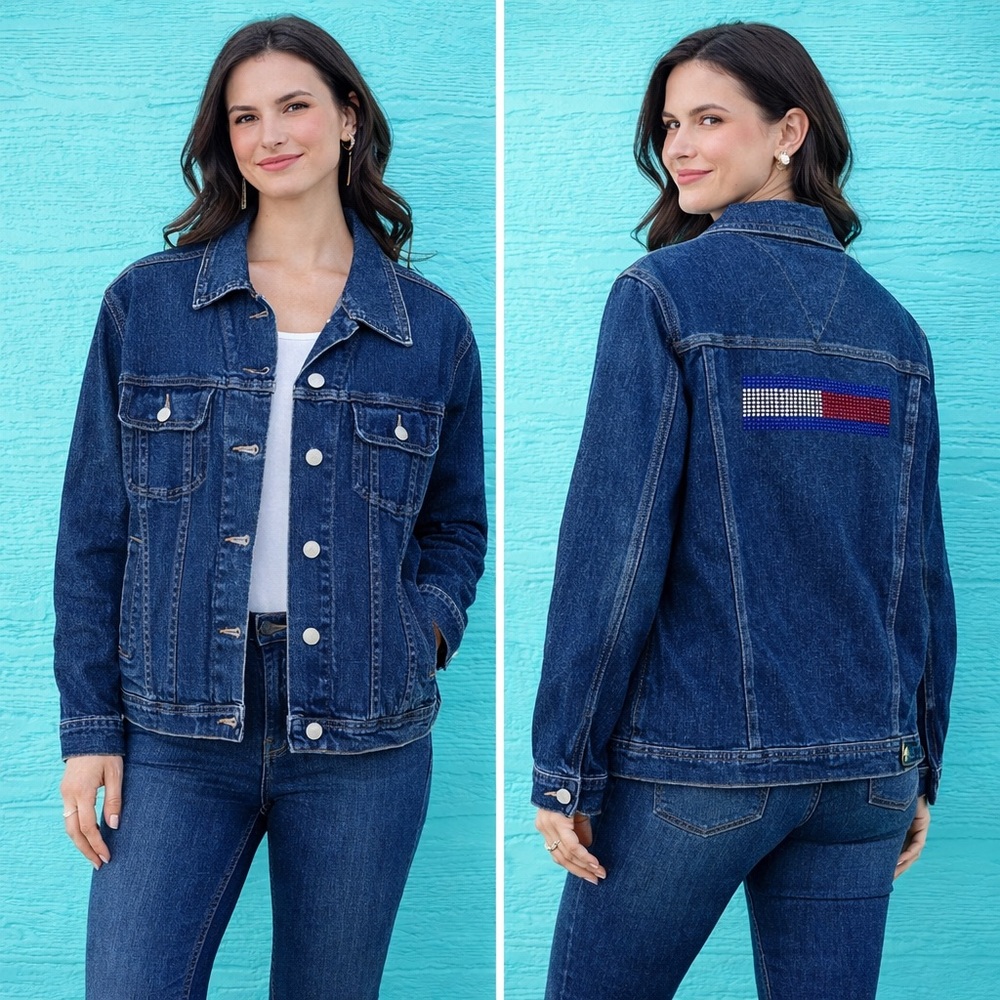 Y2K VINTAGE TOMMY HILFIGER RED WHITE BLUE STUDS BOXY DENIM JEAN JACKET SZ MEDIUM